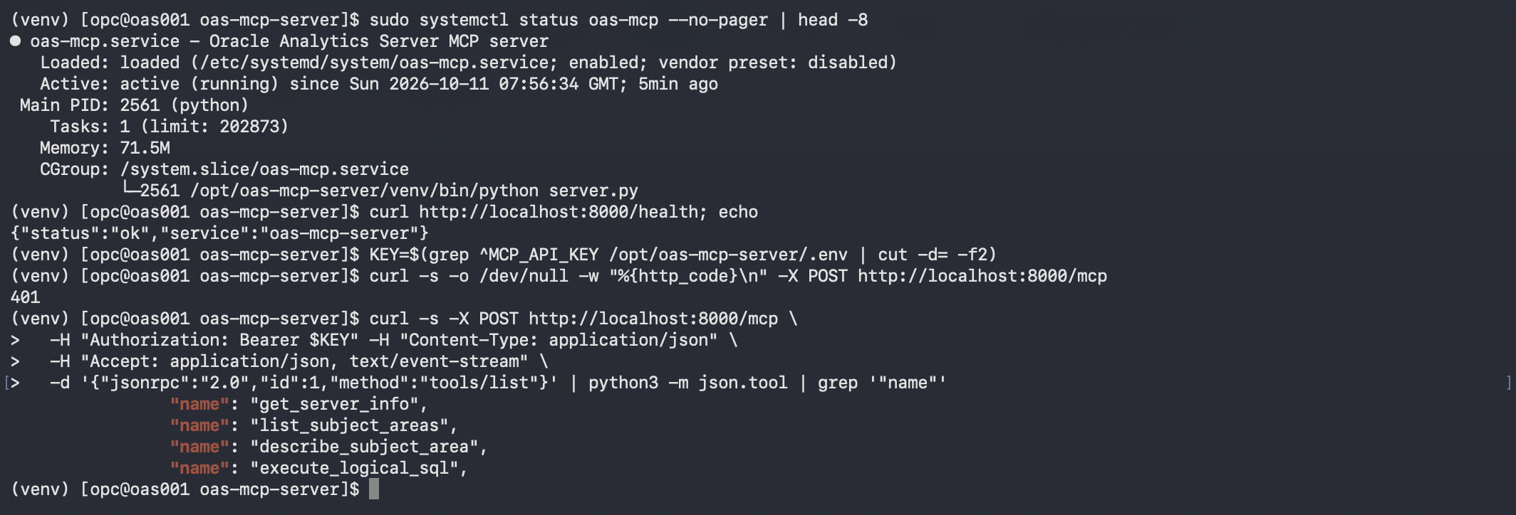 oas-mcp service running, health check, 401 without key and tools/list
