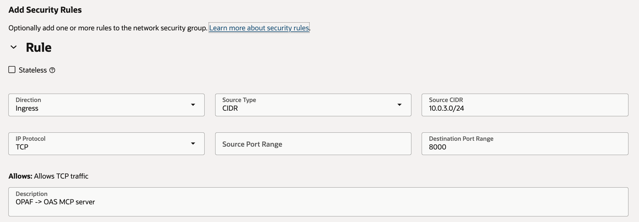 NSG nsg-oas-mcp allowing TCP 8000 from the OPAF subnet