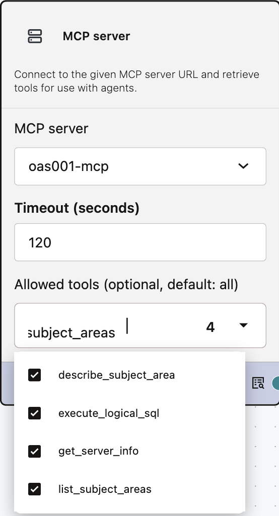 OPAF MCP server node listing the four OAS tools
