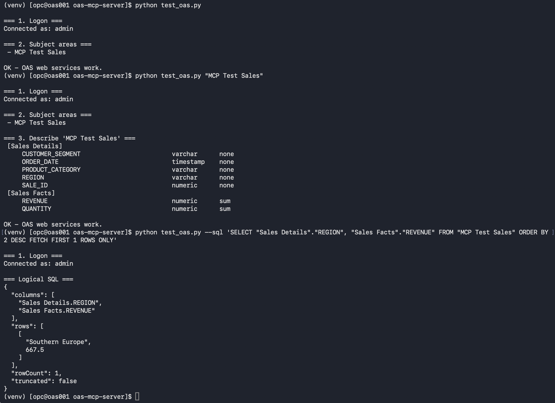 test_oas.py: logon, subject areas, describe and a Logical SQL query