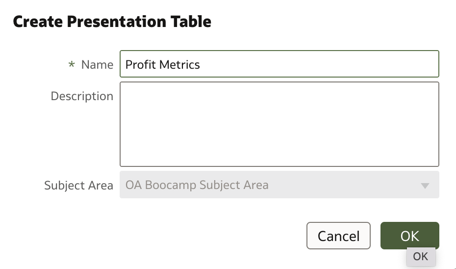 Create Presentation Table dialog