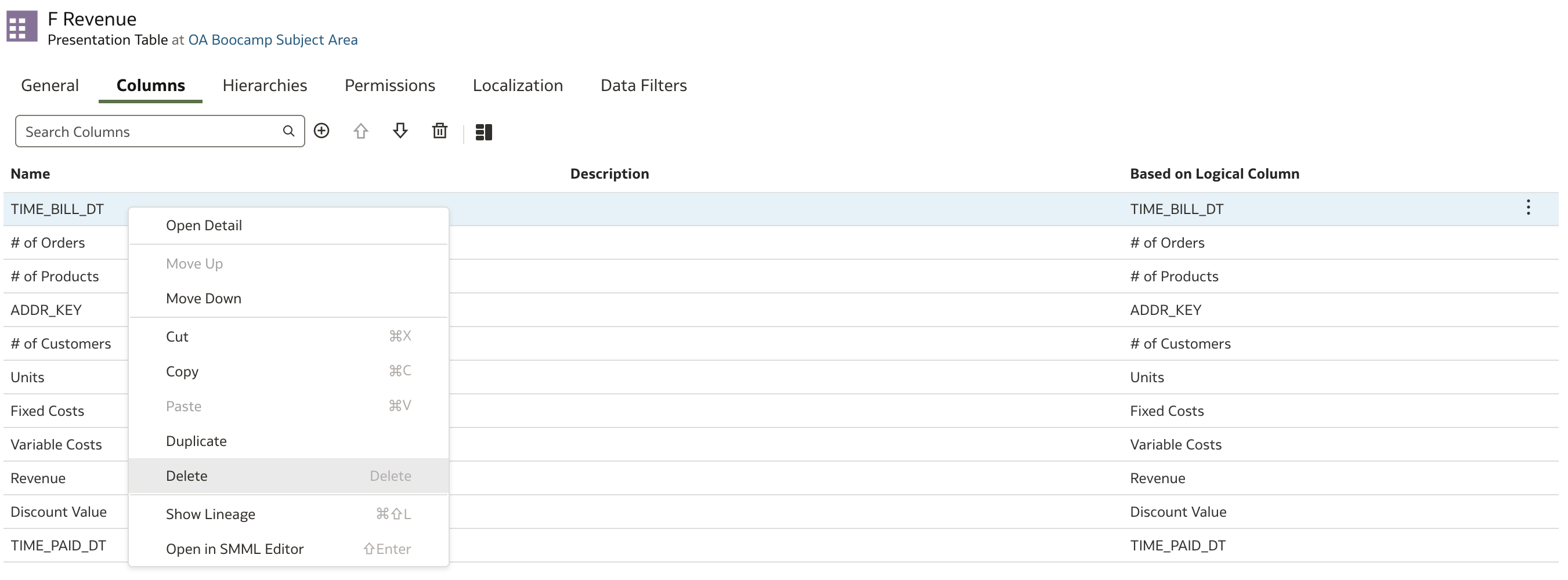 Delete Column from Presentation Table