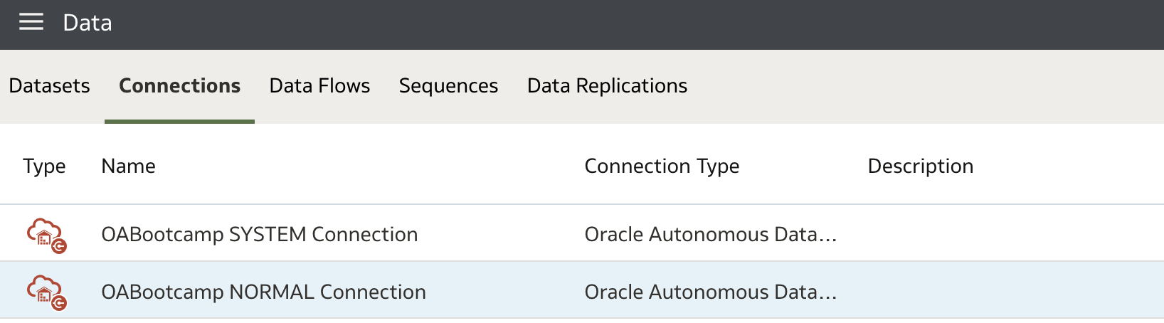 Connections list with regular and system connections