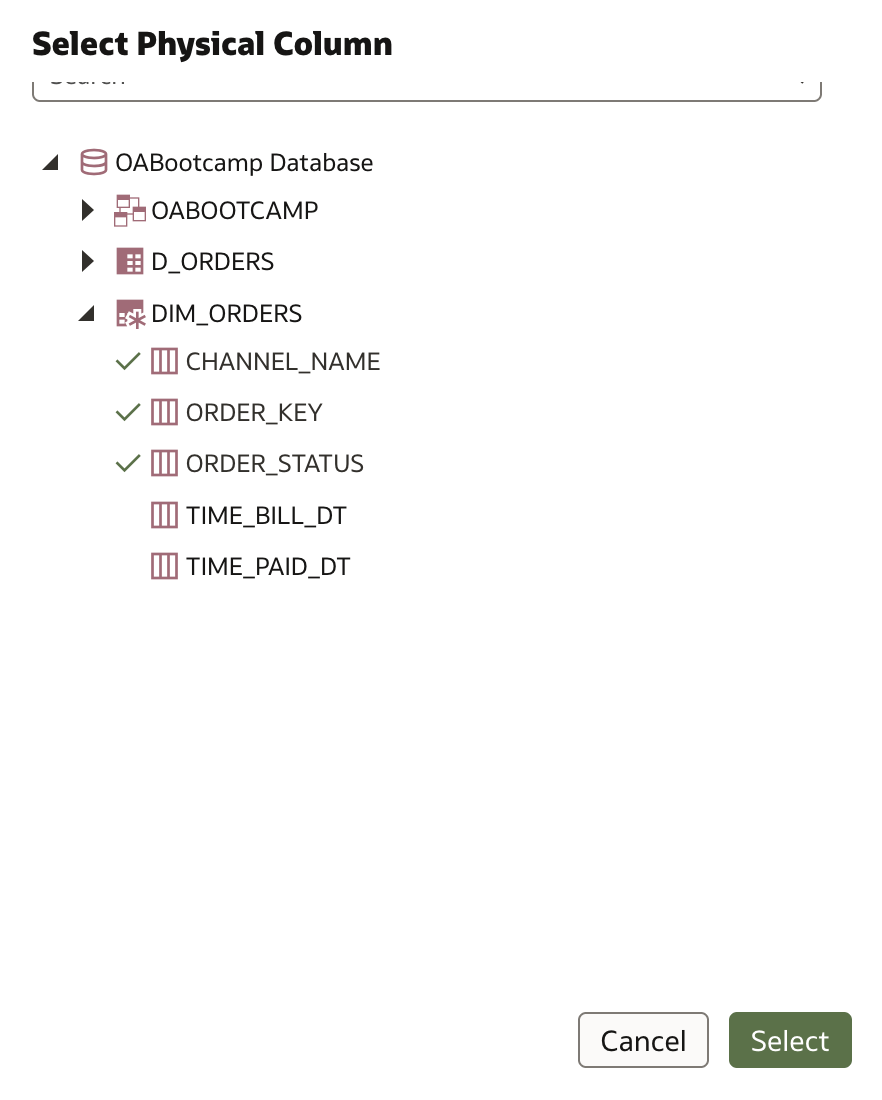 Select Physical Column dialog