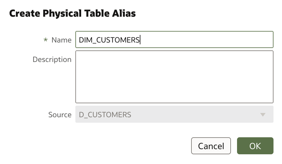 Create Physical Table Alias dialog
