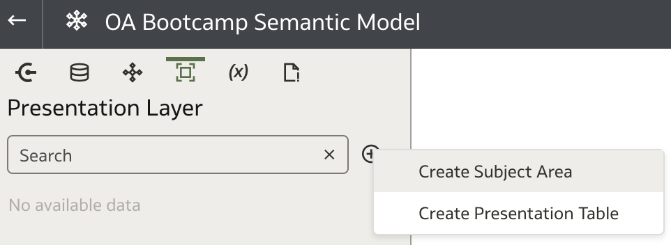 Create Subject Area - menu