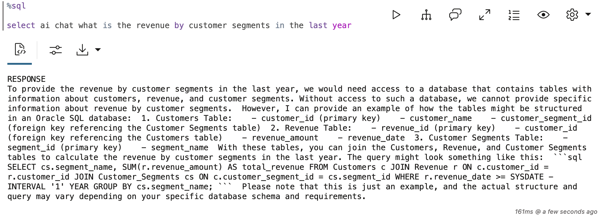 A bit more complex SELECT AI query using chat keyword