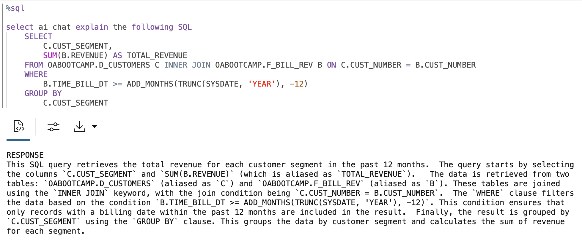 A bit more complex SELECT AI query using chat keyword
