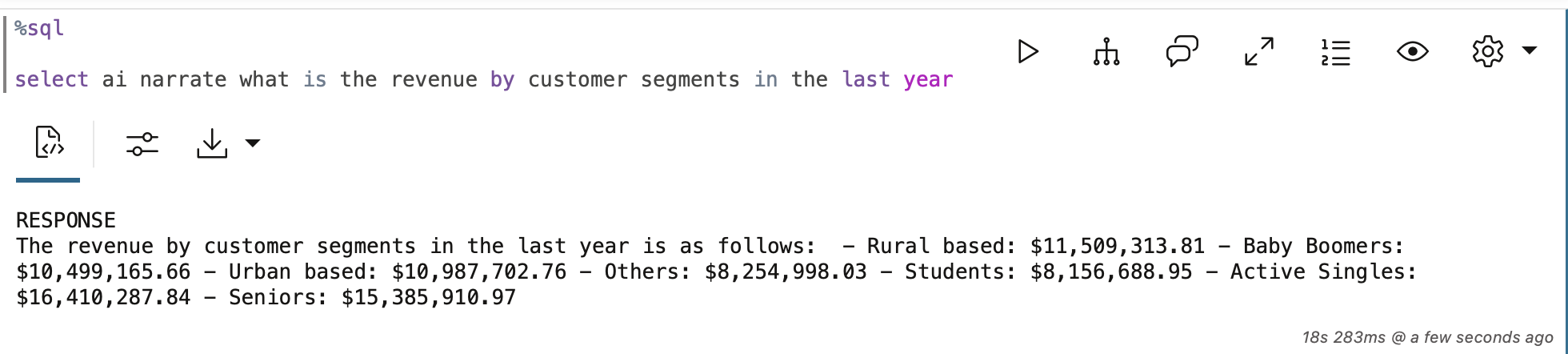 A bit more complex SELECT AI query using narrate keyword