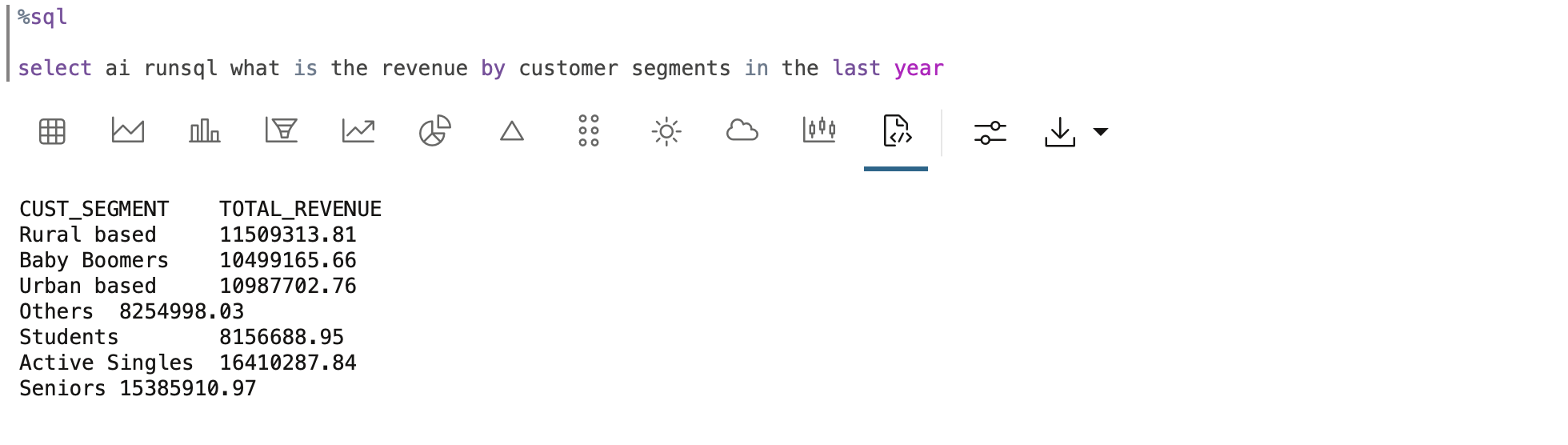A bit more complex SELECT AI query using runsql keyword
