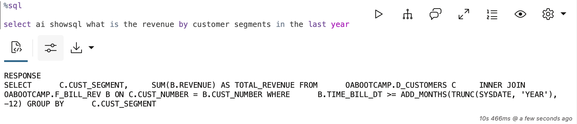 A bit more complex SELECT AI query using showSQL keyword